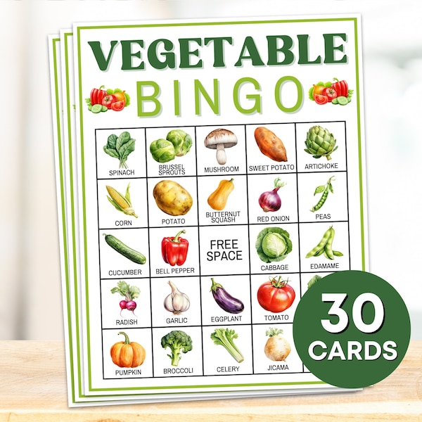 30 groente bingokaarten afdrukbaar spel, groente bingoborden, groenten bingo klasactiviteit voor kinderen, vegetarisch eten partygames B57