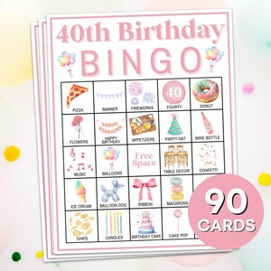 90 40. Geburtstag Bingo Karten Druckbares Spiel, 40. Geburtstag Party Bingo Brettspiel, Frauen Geburtstagsparty Bingo Spiel Aktivität für Erwachsene B74