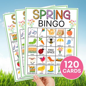 120 Juego imprimible de cartas de bingo de primavera, Actividad de aula para niños de Bingo de primavera, Juego de fiesta de primavera para niños, Tableros de bingo imprimibles de primavera B25