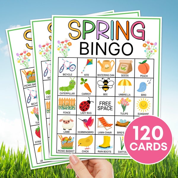 120 Frühlings-Bingokarten zum ausdrucken, Frühlings-Bingo für Kinder im Klassenzimmer, Frühlings-Partyspiel für Kinder, Frühlings-Bingokarten zum Ausdrucken B25