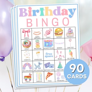 90 Birthday Bingo Cards Printable Game, Pastel Kids Birthday Bingo Boards Party Game, Girls Birthday Party Bingo Game Activity for Kids B93