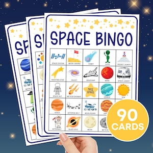 May include: Three Space Bingo game cards with a blue and white border. The cards feature space-themed illustrations and the words "SPACE BINGO" at the top. A yellow circle displays "90 CARDS".