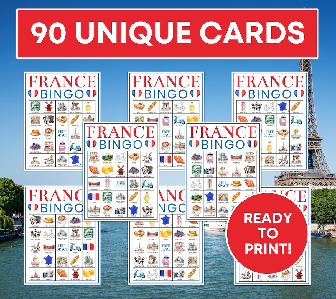 90 France Bingo Cards Printable Game, Paris France Travel Bingo Boards ...