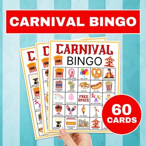 60 Carnival Bingo Cards Printable Game, Carnival Party Bingo Boards ...