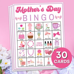 Jeu imprimable de 30 cartes de bingo pour la fête des mères, jeu de brunch pour la fête des mères, jeux de bingo pour enfants, activité en classe pour la fête des mères pour enfants B85