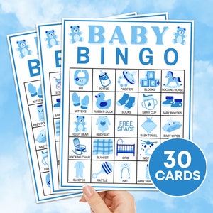 Juego imprimible de 30 cartas de bingo para bebés, tableros de juego de bingo para baby boy shower, actividad de baby shower para bebés con oso azul, juego de cartas de bingo precargado para bebés B60