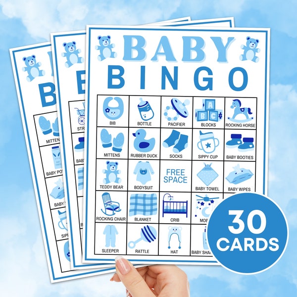 30 Baby Bingo Cards Printable Game, Baby Boy Shower Bingo Game Boards, Blue Bear Baby Boy Shower Activity Baby Prefilled Bingo Card Game B60