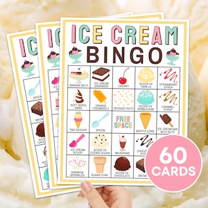 Jeu imprimable de 60 cartes de bingo avec crème glacée, jeu de bingo de fête d&#39;anniversaire de crème glacée, activité de fête de crème glacée en classe, bingo d&#39;été pour enfants B50