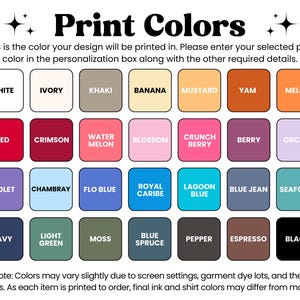 a color selection process for a personalized design, with a list of 24 different colors available for printing.