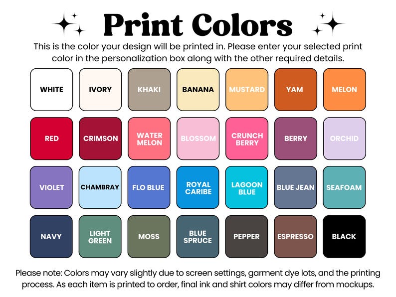 a color selection process for a personalized design, with a list of 24 different colors available for printing.