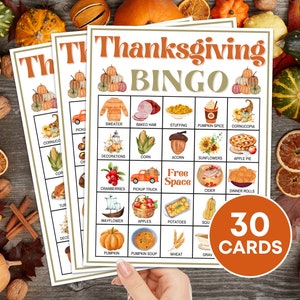 30 cartas de bingo de ação de graças, jogo para impressão, jogo de tabuleiro de bingo de outono de ação de graças para crianças, festa de ação de graças, atividades de sala de aula de bingo de outono infantil