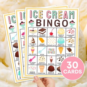 Jeu imprimable de 30 cartes de bingo avec crème glacée, jeu de bingo de fête d&#39;anniversaire de crème glacée, activité de fête de crème glacée en classe, bingo d&#39;été pour enfants B50