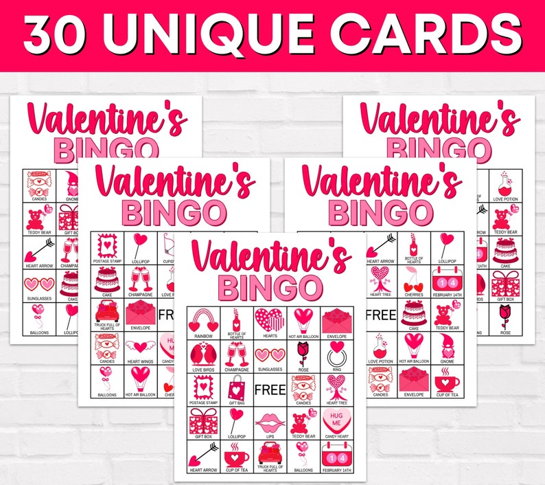 30 Valentines Bingo Game Cards Printable Valentine s Day Bingo Cards Printable Activity Kids