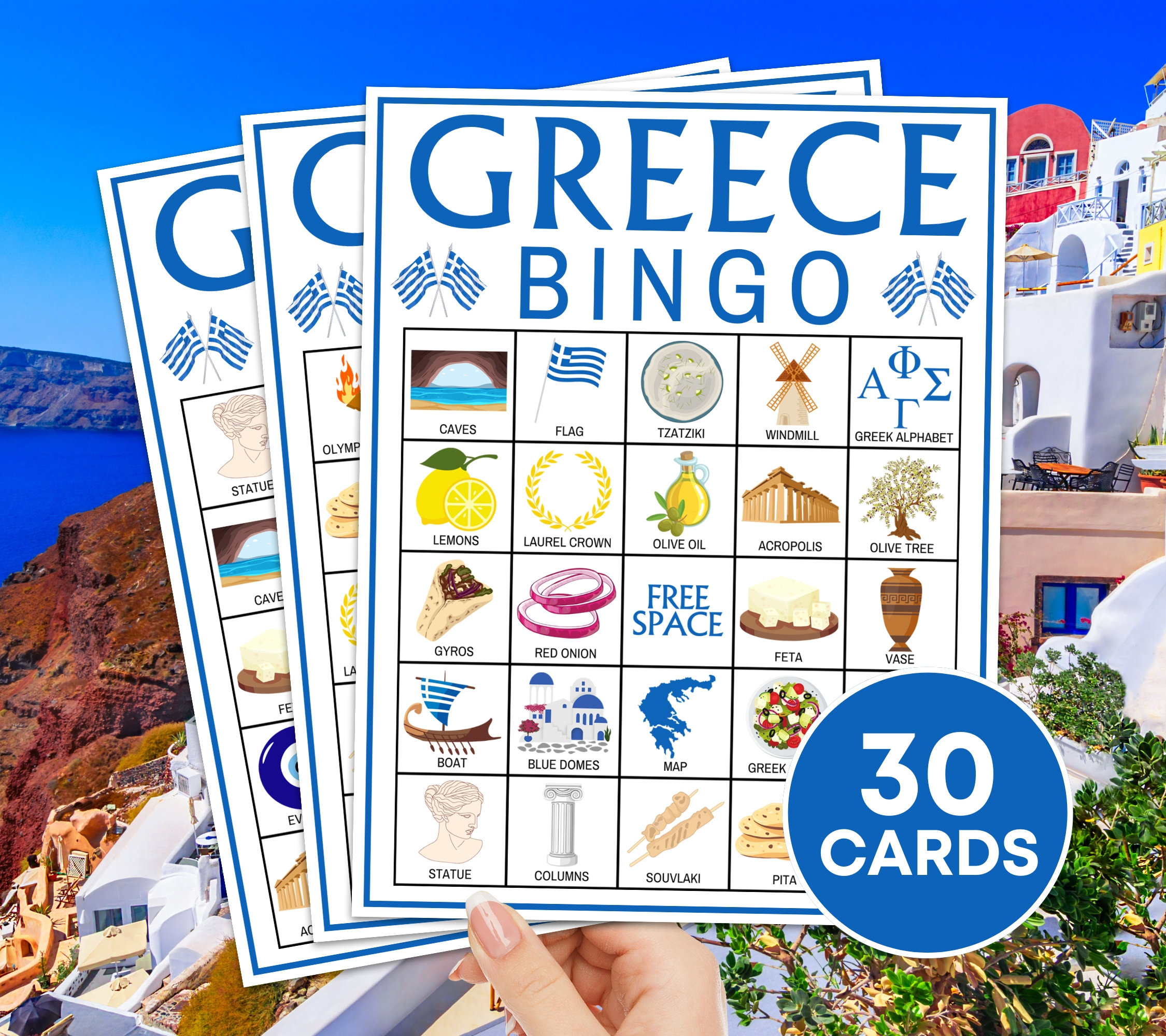 30 cartas de bingo da Grécia, jogo para impressão, jogo de tabuleiro de bingo de viagem da Grécia, festa de bingo da Grécia, atividades para crianças e adultos, Santorini Atenas Bingo B111
