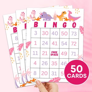 50 Carte Bingo Dinosauri Gioco stampabile, Festa di compleanno di dinosauri per ragazze Gioco Bingo per bambini, Tabelloni Bingo per feste a tema Dino Attività per bambini B83