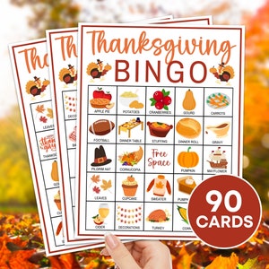 Juego imprimible de 90 cartas de bingo de Acción de Gracias, Juego de mesa de bingo de otoño de Acción de Gracias para niños, Actividad de aula de bingo de otoño para niños de fiesta de Acción de Gracias