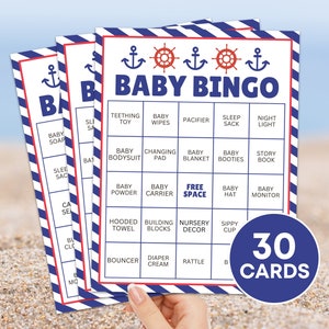 30 ahoi Nautical Baby Shower Bingokarten druckbares Spiel, Babypartygeschenk vorhanden Bingospiel, Boot Baby Prefilled Bingo Boards Karten