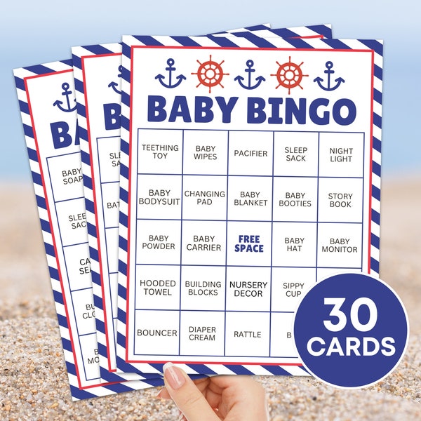 30 Ahoy Nautical Baby Shower Bingo Cards Printable Game, Baby Boy Shower Gift Present Bingo Game, Boat Baby Prefilled Bingo Boards Cards