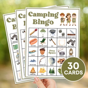 30 tarjetas de bingo para acampar juego imprimible, actividad de juego de bingo para fiesta de camping, juego de bingo de campamento de verano para niños, actividades de campamento para niños
