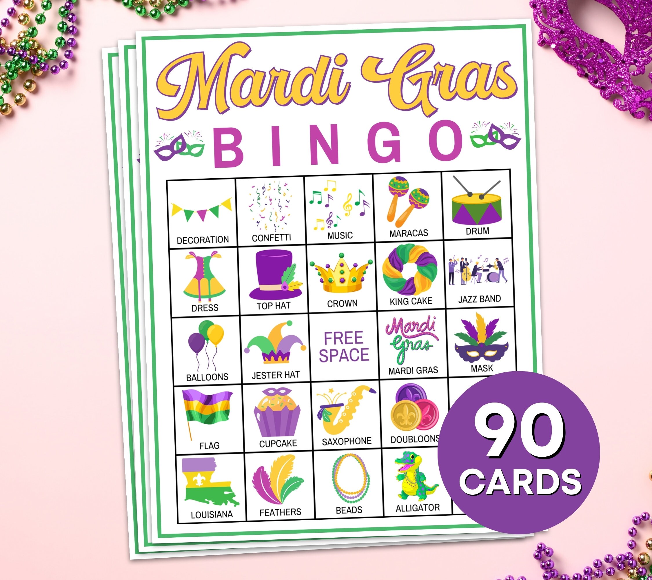 90 Mardi Gras Bingo Cards Printable Game, Mardi Gras Bingo Boards ...