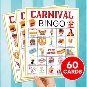 60 Carnaval Bingokaarten Afdrukbaar spel, Carnaval Party Bingo Boards Verjaardagsspellen, Circus Carnaval Bingo Kids Classroom Activity Game Cards