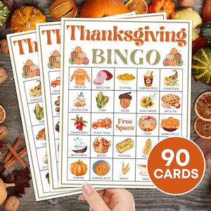 Juego imprimible de 90 cartas de bingo de Acción de Gracias, Juego de mesa de bingo de otoño de Acción de Gracias para niños, Actividad de aula de bingo de otoño para niños de fiesta de Acción de Gracias