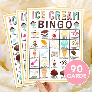 Juego imprimible de 90 cartas de bingo de helado, juego de bingo de fiesta de cumpleaños de helado, actividad en el aula de fiesta de helado, bingo de verano para niños B50