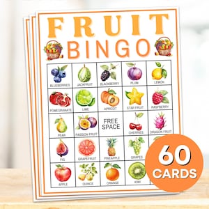 Jeu imprimable de 60 cartes de bingo aux fruits, jeu de société de bingo aux fruits, activité de bingo-test sur le vocabulaire des fruits pour les enfants, jeu de fête avec des aliments aux fruits B64
