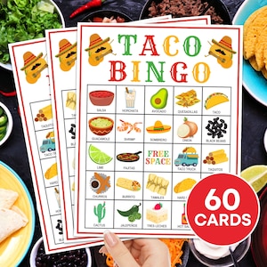 Jeu imprimable de 60 cartes de bingo taco, Fiesta Taco Tuesday Cinco de Mayo Bingo Boards Party, activité de bingo mexicain pour la classe pour enfants