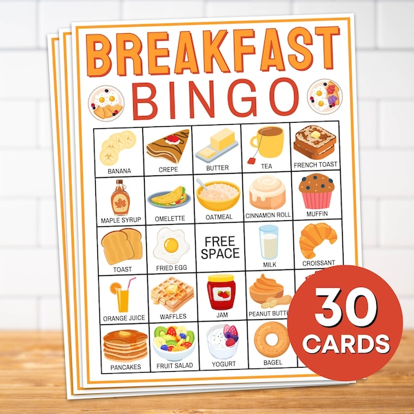 30 Breakfast Bingo Cards Printable Game, Sunday Brunch Bingo Board Game Activities, Breakfast Food Lover Bingo for Kids Classroom Game B49