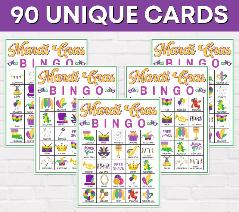 90 Mardi Gras Bingo Cards Printable Game, Mardi Gras Bingo Boards ...