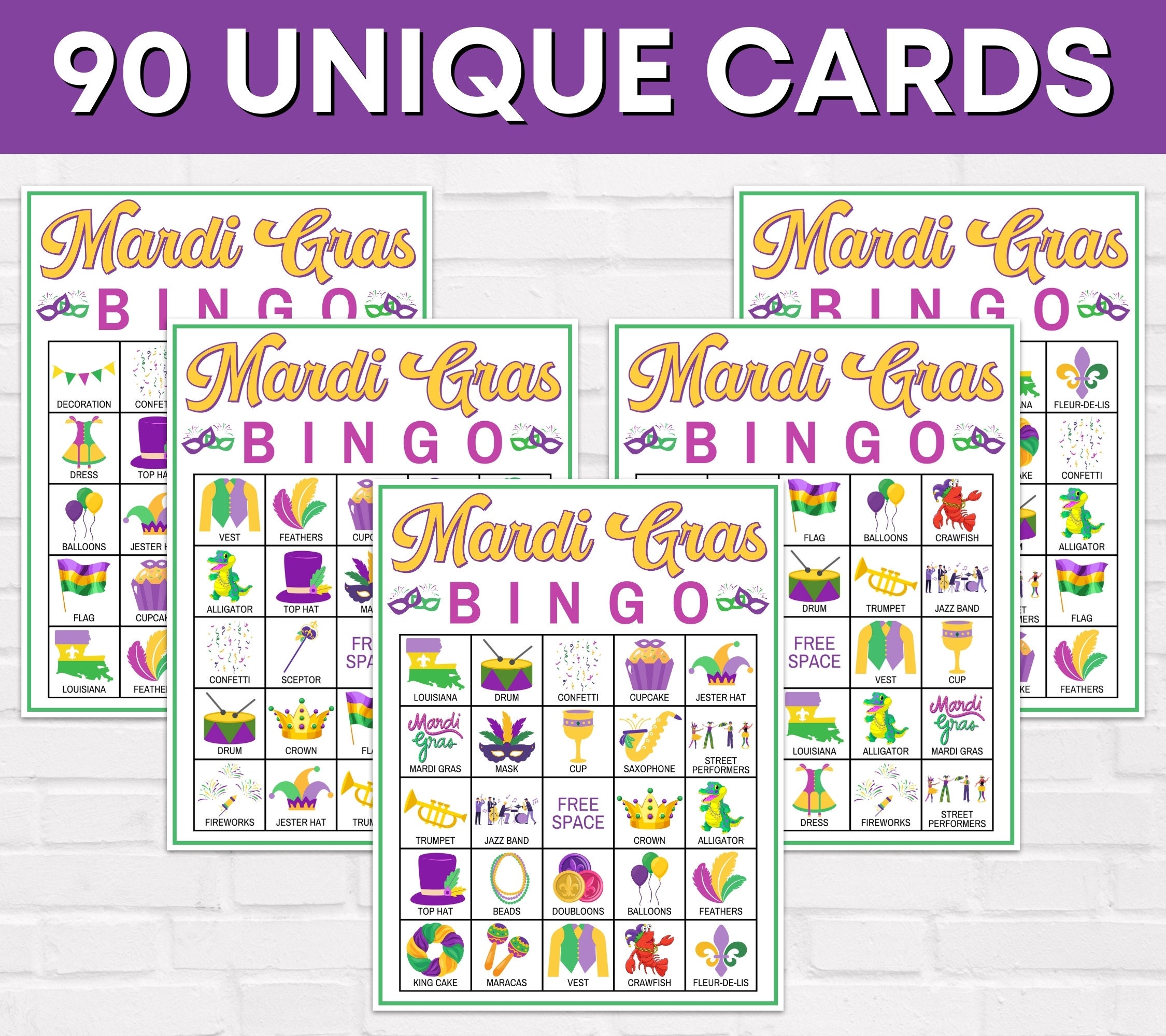 90 Mardi Gras Bingo Cards Printable Game, Mardi Gras Bingo Boards ...
