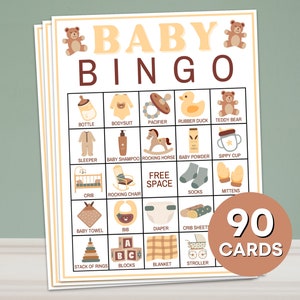 90 Baby Bingo Cards Printable Game, Boho Baby Shower Bingo Game Cards, Gender Neutral Bear Baby Shower Activity Prefilled Bingo Boards B58