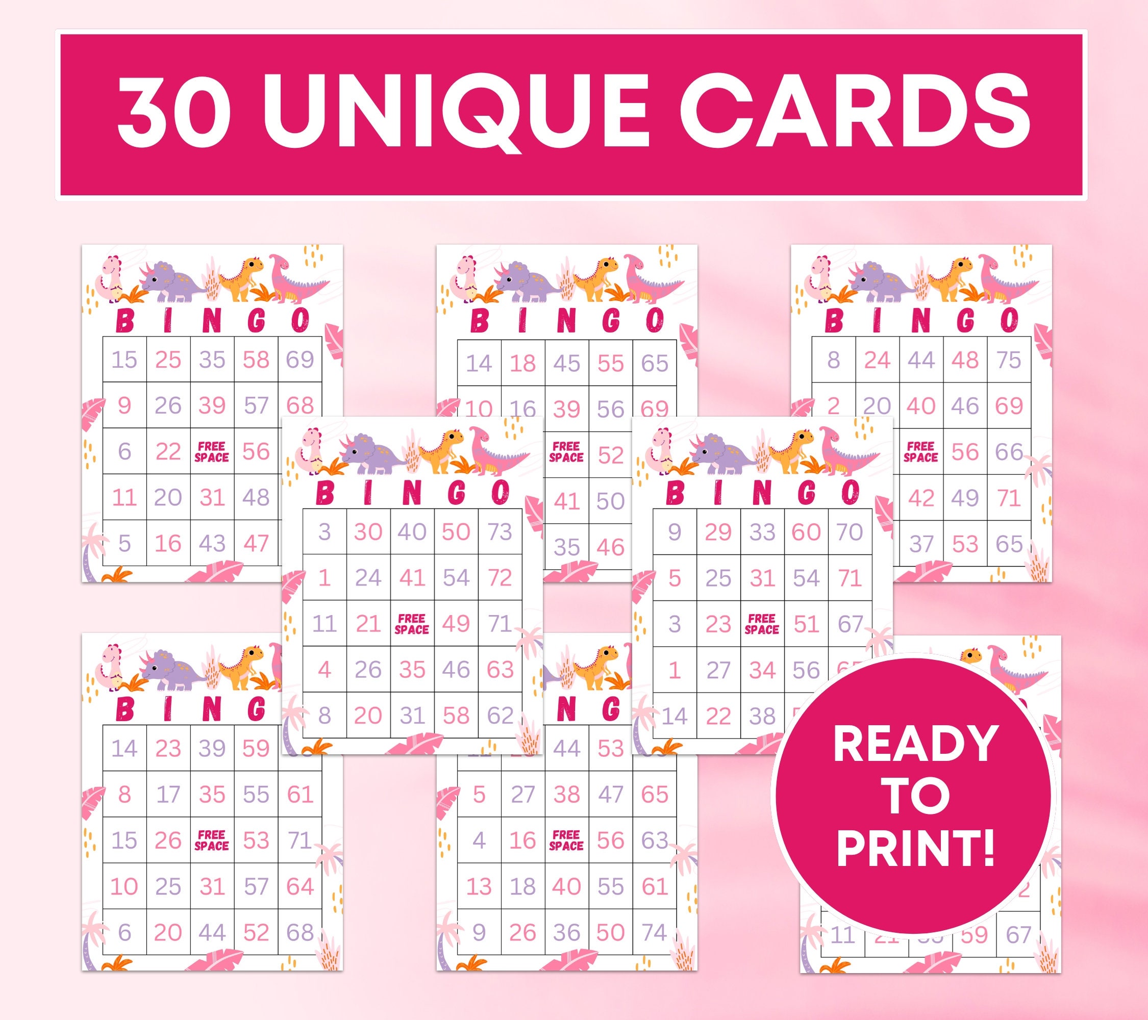 30 Dinosaur Bingo Cards Printable Game, Girl Dinosaur Birthday Party ...