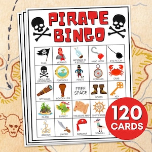 120 cartas de bingo pirata jogo para impressão, festa de aniversário pirata para crianças bingo atividades de jogo, jogo de atividade de aniversário pirata tesouro menino B51