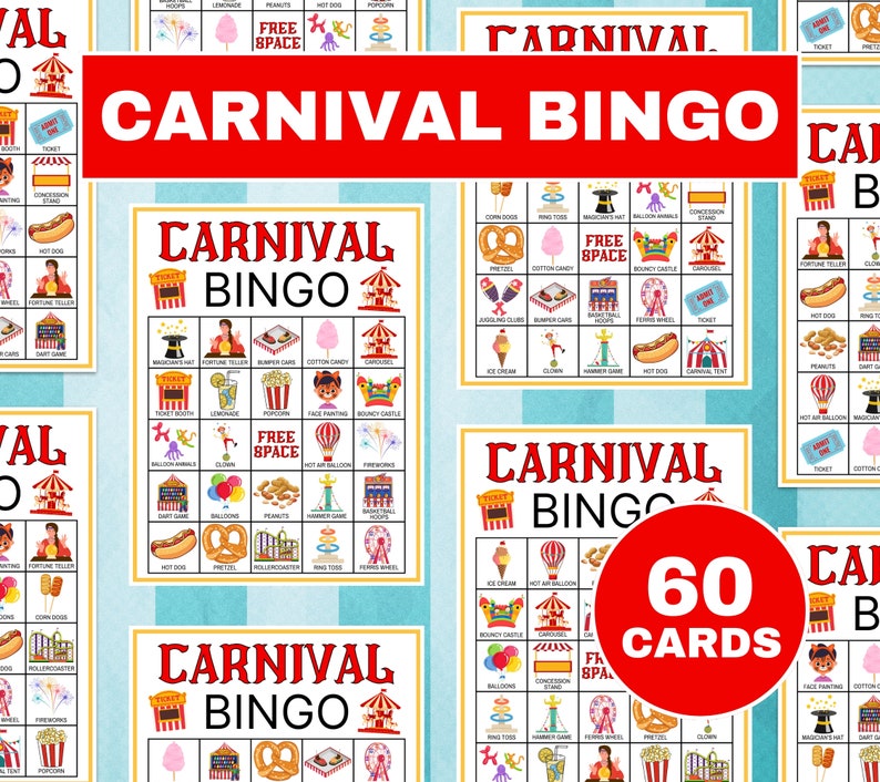 60 Carnival Bingo Cards Printable Game, Carnival Party Bingo Boards ...