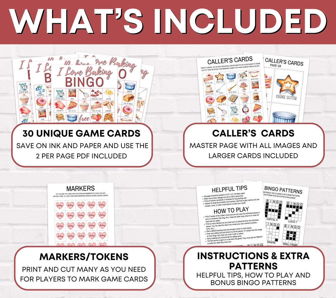 30 Baking Bingo Game Cards Printable, Baking Birthday Party Bingo