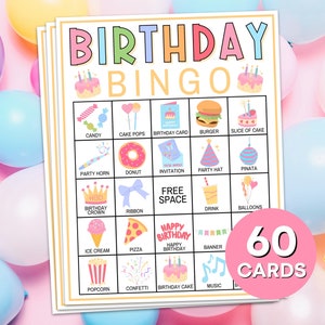 Jeu imprimable de cartes de bingo-test 60 anniversaires, jeu de société pastel d'anniversaire d'enfants de Bingo, activité de jeu de bingo-test de fête d'anniversaire de filles pour des enfants B72