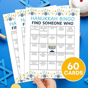 Jeu imprimable de 60 cartes de bingo Hanukkah Mingle, Hanukkah, trouver quelqu'un qui brise les planches de bingo, fête juive de Hanoukka, trouver le bingo invité
