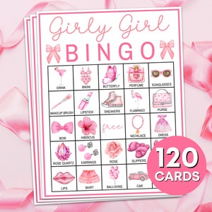 120 Girly Pink Aesthetic Bingo Cards Printable Game, Pink Girl Coquette Bingo Boards, Girls Birthday Party Bingo Game, Girls Night Bingo B92
