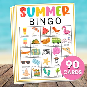 90 zomer bingokaarten afdrukbaar spel, zomer verjaardagsfeestje bingospel, zomervakantie bingo activiteit voor kinderen, zomer reizen bingo B27