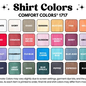 a collection of 24 different shirt colors, each with a unique shade and hue, arranged in a grid format. The colors include white, ivory, khaki, banana, mustard, yam, melon, red, coral, watermelon, crunch, berry, orchid, royal blue, lagoon blue, blue jean, sea foam, light green, moss, blue, pepper, black, and espresso. The image provides a visual representation of the available shirt colors, likely for a clothing brand or product line.