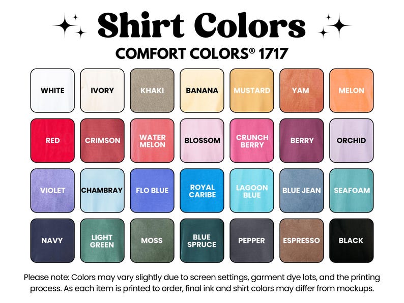 a collection of 24 different shirt colors, each with a unique shade and hue, arranged in a grid format. The colors include white, ivory, khaki, banana, mustard, yam, melon, red, coral, watermelon, crunch, berry, orchid, royal blue, lagoon blue, blue jean, sea foam, light green, moss, blue, pepper, black, and espresso. The image provides a visual representation of the available shirt colors, likely for a clothing brand or product line.