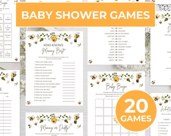 Paquete imprimible de juegos de baby shower de abejas, juego de bingo de actividades de baby shower de abejas de miel amarilla, juego imprimible de bingo de baby shower Fiesta temática de abejas