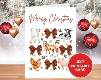 Cartão de Natal para impressão de animais de fazenda, cartão de Natal da fazenda, cartão de Natal do fazendeiro, cartão de Natal do cavalo, galinha, cartão de Natal da vaca, cabra, porco