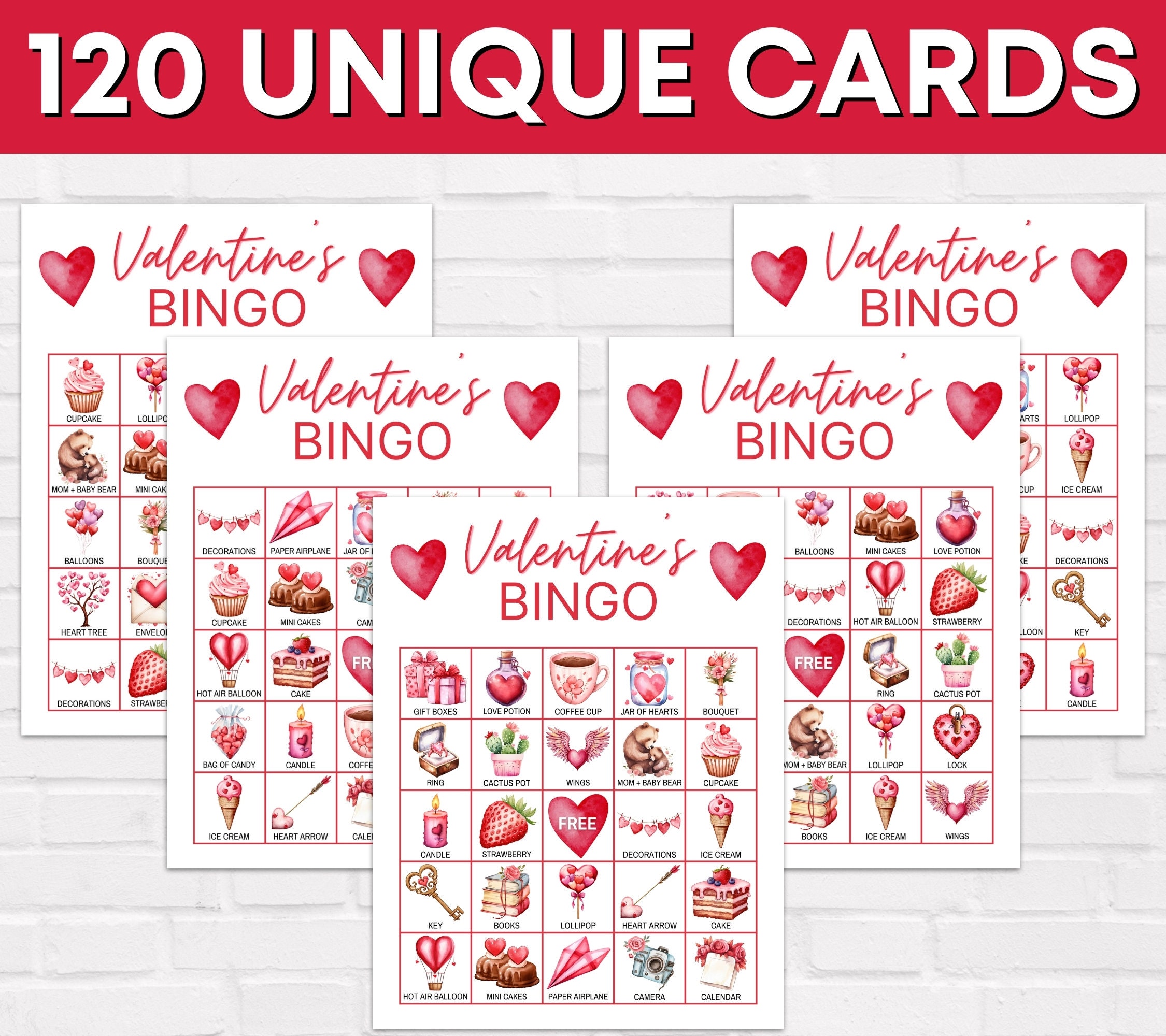 120 Valentines Bingo Game Cards Printable, Valentines Day Bingo Cards ...