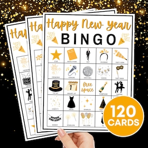 Juego de bingo de 120 tarjetas de año nuevo para imprimir, juego de bingo de Nochevieja para fiestas de niños y adultos, juego de bingo de fiesta de Nochevieja