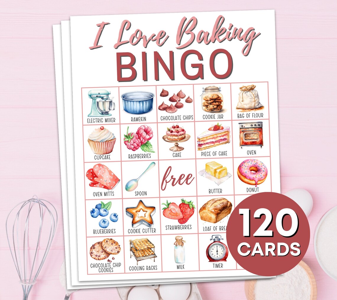 120 Baking Bingo Game Cards Printable, Baking Birthday Party Bingo