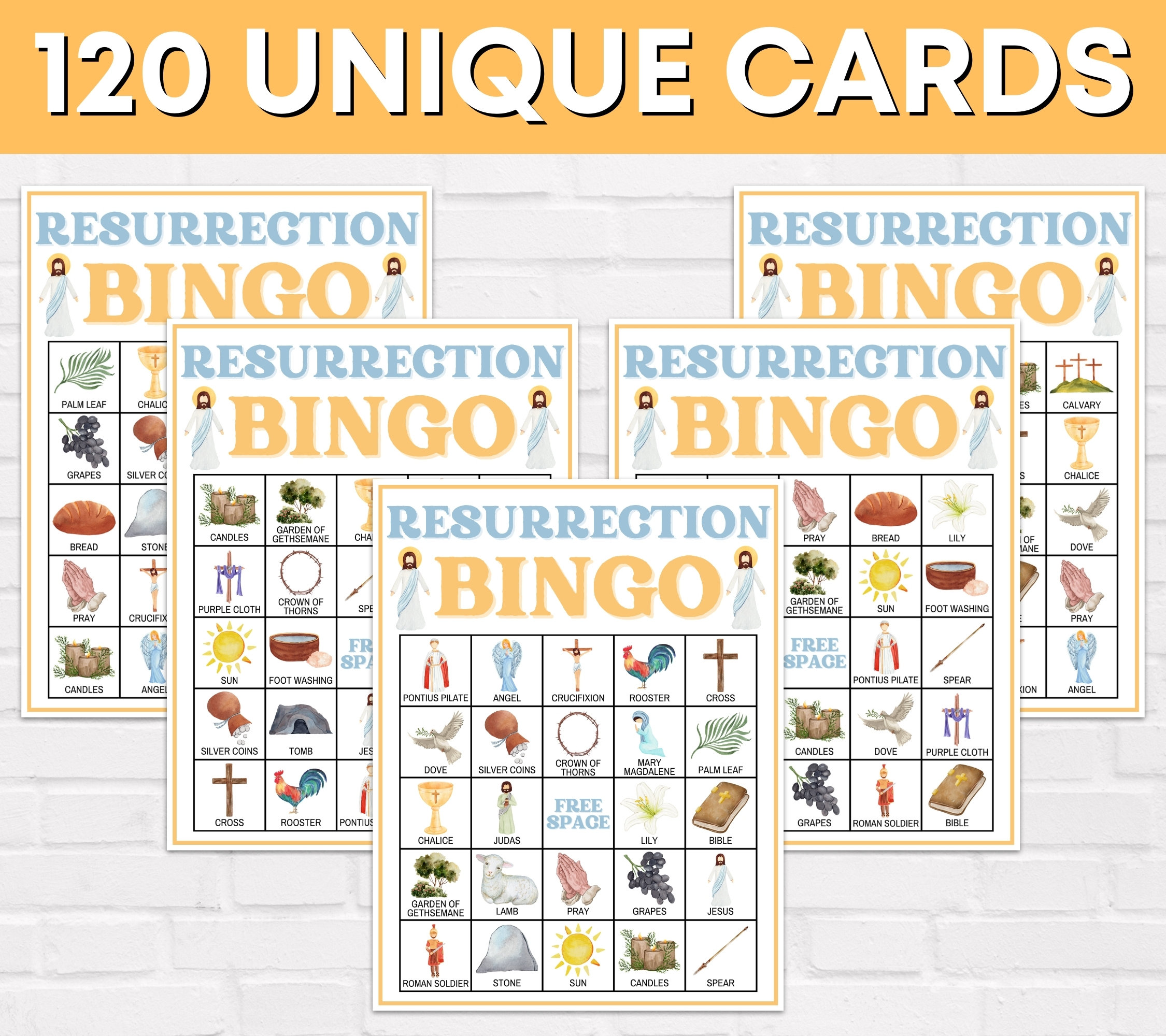 120 Resurrection Bingo Cards Printable Game, Easter Sunday Bible Bingo ...