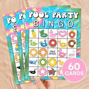 60 Pool Party Bingokaarten afdrukbaar spel, Summer Pool Party Verjaardag Bingo, Pool Floatie Bingo Activiteit voor kinderen, Zomer Bingo Boards B76